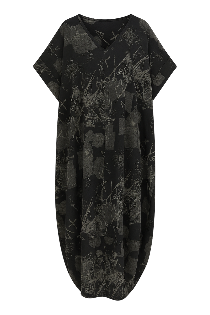 Abstract Charcoal Sketch Print Midi Dress