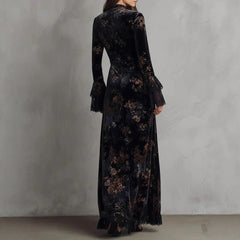 High-Neck Floral Velvet Maxi Dress with Lace Bell Sleeves