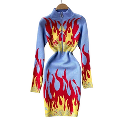 Retro Flame Print High-Neck Knit Dress