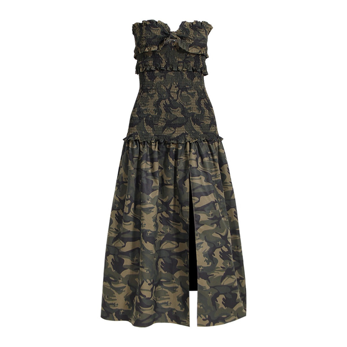 Camouflage Ruffled Strapless Midi Dress