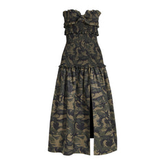 Camouflage Ruffled Strapless Midi Dress