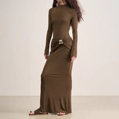 Metallic Buckle Ruched Long-Sleeve Maxi Dress