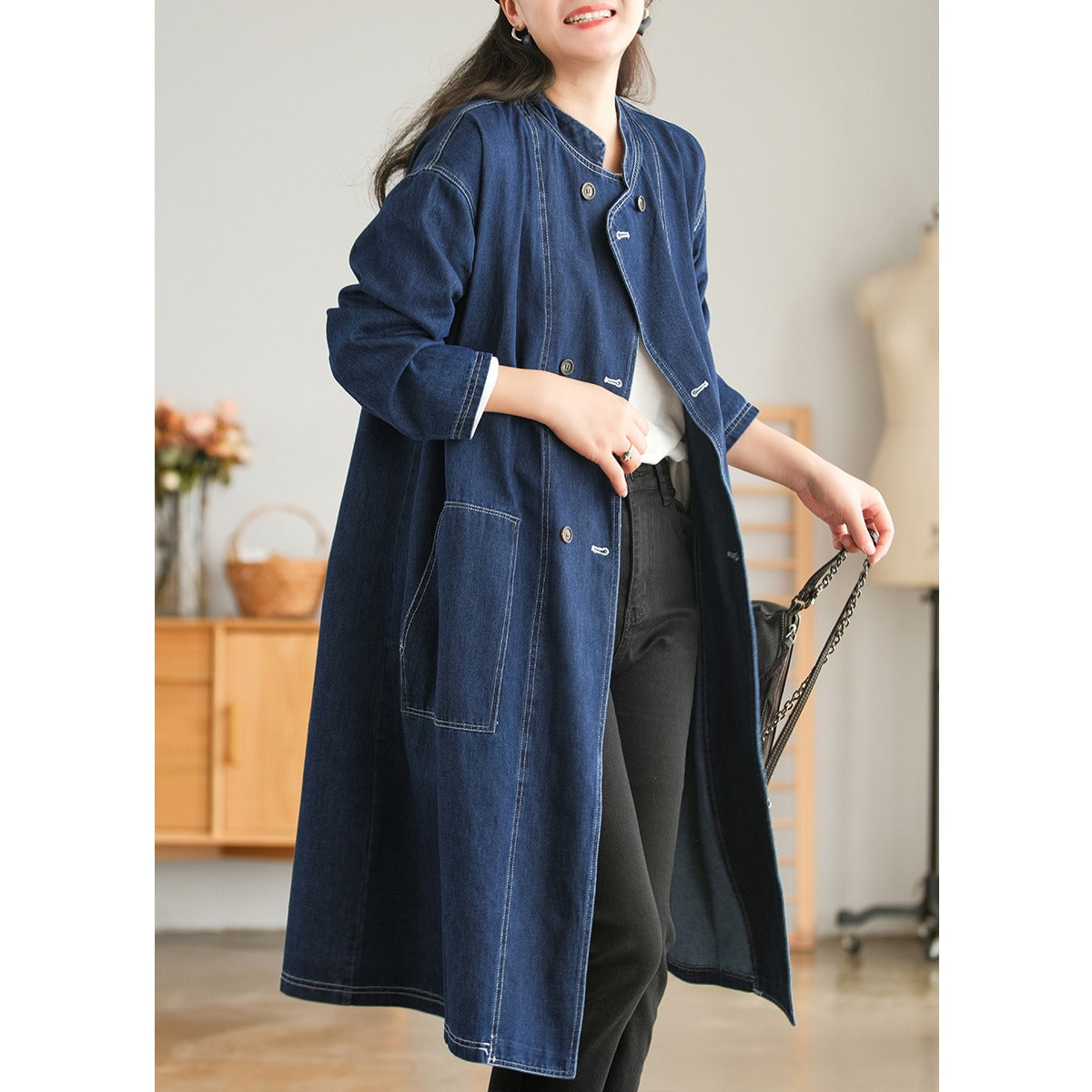 Relaxed Double-Breasted Denim Trench