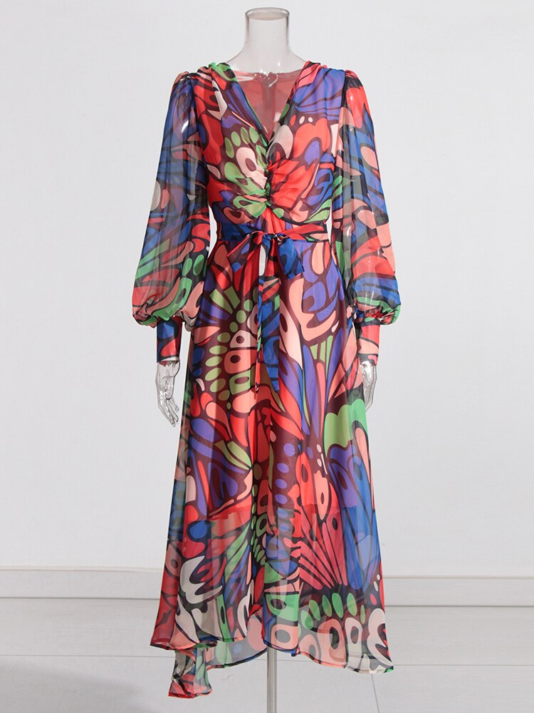 Bohemian Multicolor Abstract Chiffon Maxi Dress