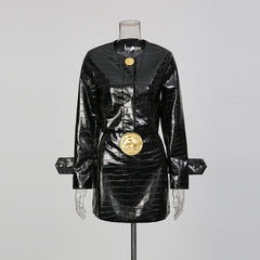 Croc-Embossed Faux Leather Jacket and Mini Skirt Set