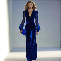 V-Neck Long-Sleeve Velvet Jumpsuit with Sheer Bishop Sleeves
