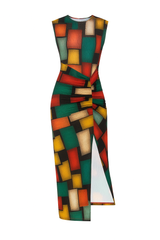 Geometric Mosaic Twist-Slit Midi Dress