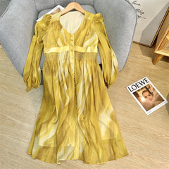 Golden Marbled Puff Sleeve Chiffon Dress