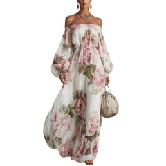 Off-the-Shoulder Floral Print Lantern Sleeve Maxi Dress