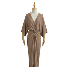 Beige Deep V - Neck Midi Dress