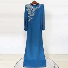 Beaded Appliqué Split Sleeve Floor Length Evening Gown