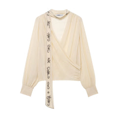 Embellished Scarf-Neck Surplice Blouse