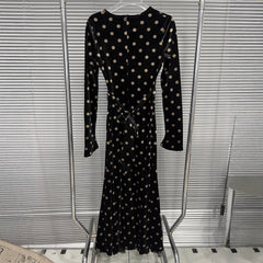 Ruched Velvet Polka Dot Long Sleeve Maxi Dress