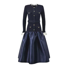 Buttoned Belted Top with Satin Midi Skirt Ensemble