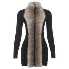 Faux Fur Trim Mock-Neck Bodycon Mini Dress