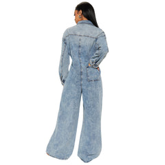 Button-Down Long Sleeve Acid Wash Denim Jumpsuit