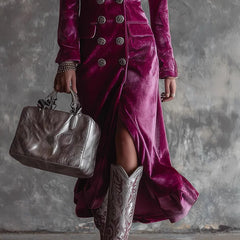 Double-Breasted Velvet Maxi Coat Dress with Silver Hardware