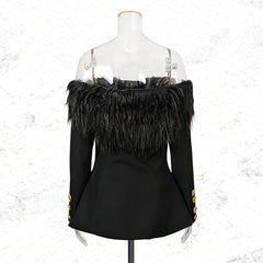 Statement Feather Trim Off-Shoulder Blazer