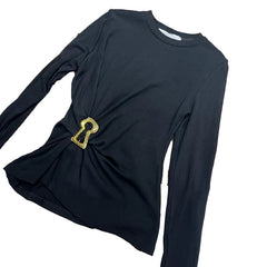 Long Sleeve Crewneck Top with Gold Keyhole Hardware
