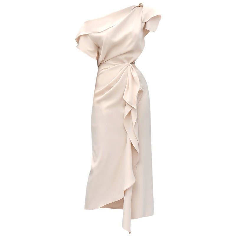 Elegant Satin One-Shoulder Ruffle Gown