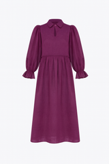Puff-Sleeve Collared Midi Dress with Keyhole Detail