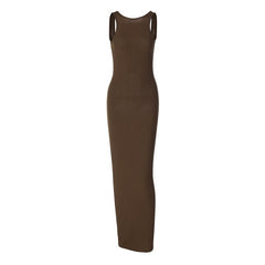 Minimalist Brown Slim Ribbed Tank Dress