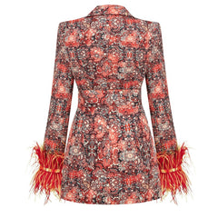Retro Baroque Floral Blazer with Feather Cuffs