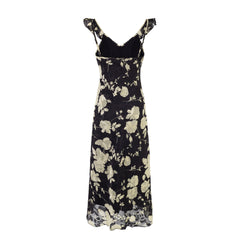 Floral Black Ruffle Midi Dress