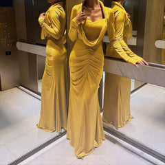 Drape Neck Ruched Long Sleeve Bodycon Maxi Dress