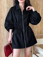 Zip-Up High-Neck Drawstring Waist Jacket