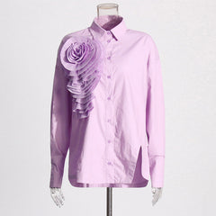 Pleated Floral Appliqué Button-Down Shirt with Side Slit