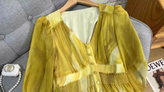 Golden Marbled Puff Sleeve Chiffon Dress