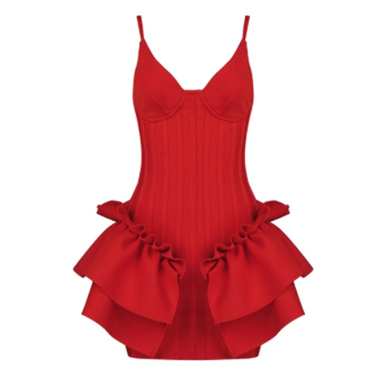Strap V-neck Ruffle Edge Mini Dress