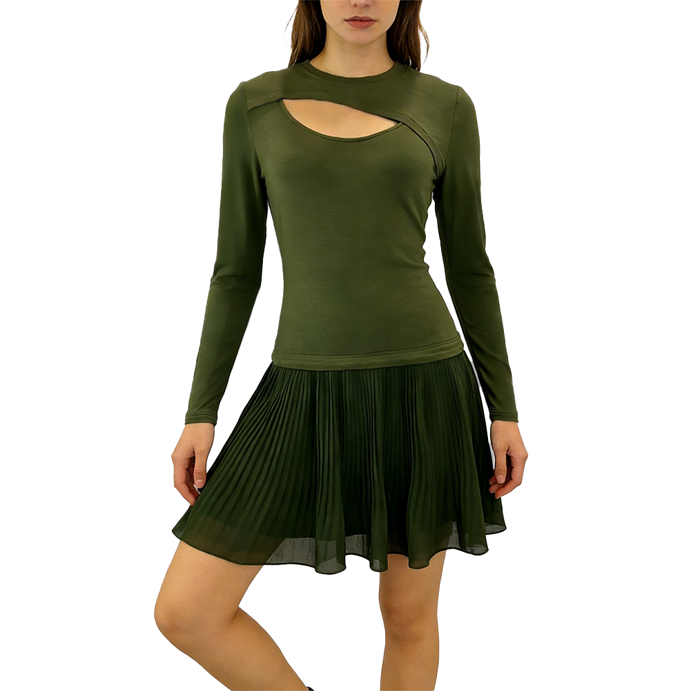 Olive Green Cutout Pleated Mini Dress