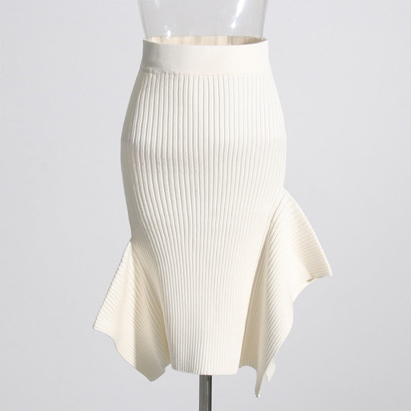 Elegant Asymmetrical Ruffle Ribbed Skirt