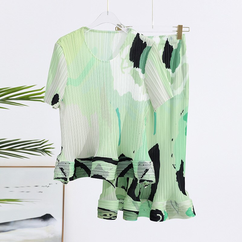 Pastel-Hued Abstract Print Ruffled Suit