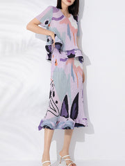 Pastel-Hued Abstract Print Ruffled Suit