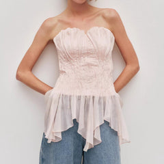 Strapless Sweetheart Ruched Corset Top with Asymmetrical Ruffle Hem