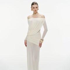 Off-the-Shoulder Ruched Mesh Maxi Dress