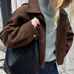 Suede Crop Zip-Up Pocket Workwear Jacket