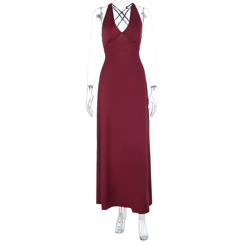 Burgundy Halter Backless Dress