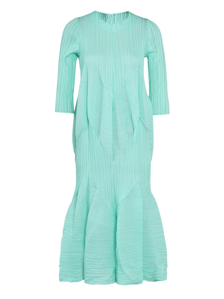 Elegant Pleated Dress Round Neck Long Sleeves High Waist A-line Dresses