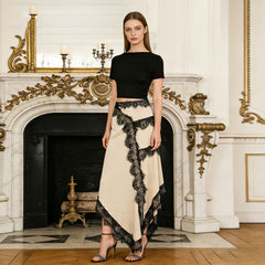 Asymmetric Midi Skirt with Scalloped Lace Insets