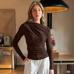 Ruched Long Sleeve Draped Boat Neck Top