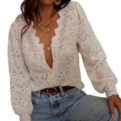 V-Neck Scalloped Lace Long-Sleeve Blouse