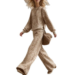 Leopard Print Crew Neck Sweater and Wide-Leg Pants Set