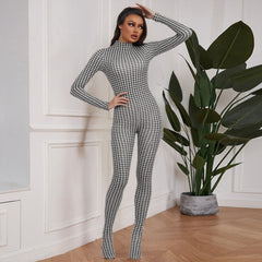 Houndstooth Print Mock-Neck Bodycon Jumpsuit