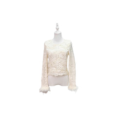 Long-Sleeve Floral Lace Top with Feather-Trimmed Cuffs