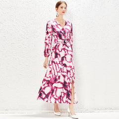 Pink Ink-Pattern Belted Flowing Gown