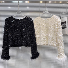 Sequin-Embellished Cropped Top with Faux Fur Cuffs